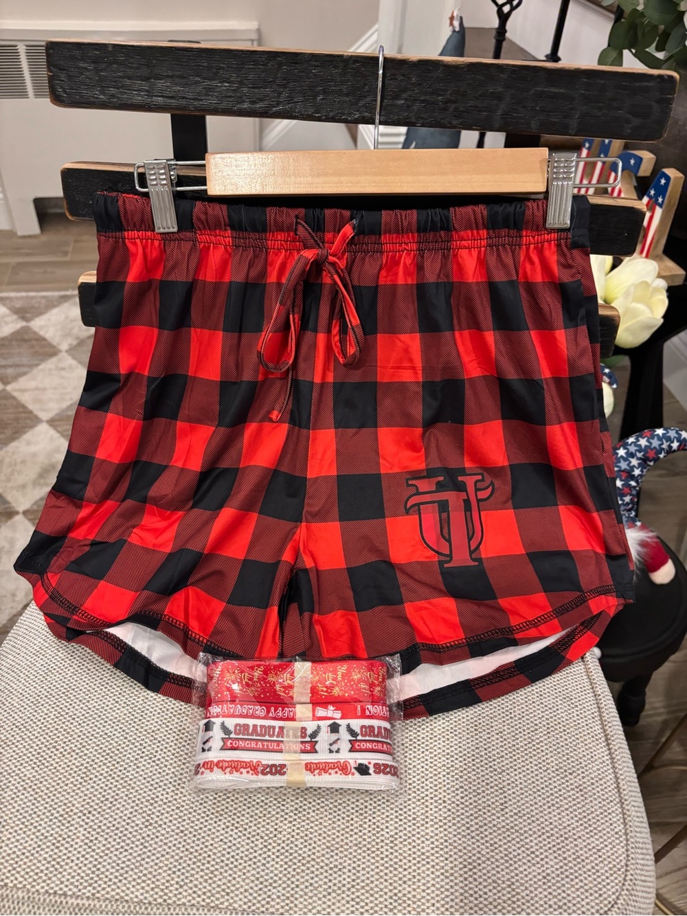 University of Tampa Plaid Red & Black Women’s Lounge Shorts - M and grad ribbons